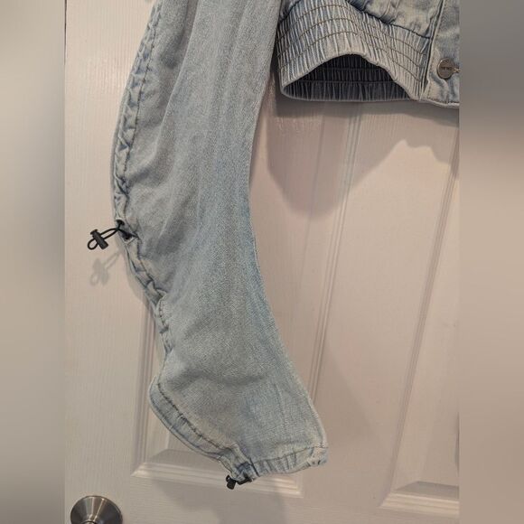 Smoke Rise Cropped Denim Jean Short Bungee Jacket Stretch Blue Size L Streetwear - Picture 10 of 11